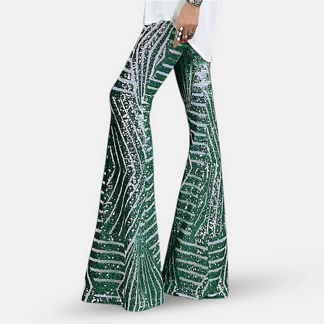 Pantalon femme taille haute à paillettes, coupe pattes d'éléphant, pour une silhouette festive et tendance.