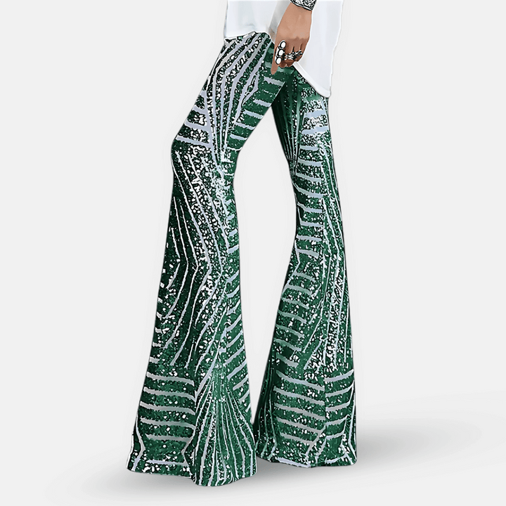 Pantalon femme taille haute à paillettes, coupe pattes d'éléphant, pour une silhouette festive et tendance.