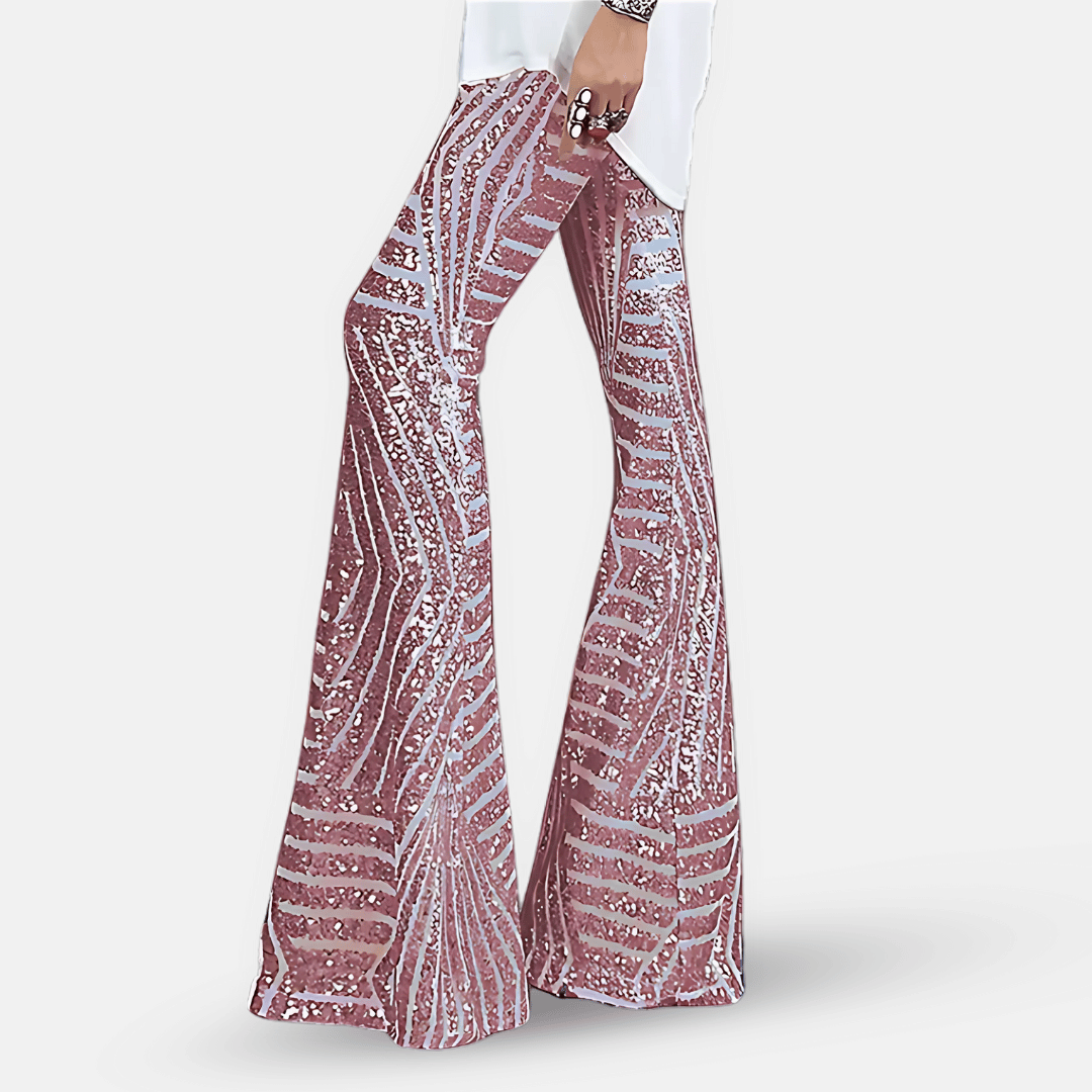 Pantalon femme scintillant à paillettes, coupe pattes d'éléphant, idéal pour les festivals et soirées animées.