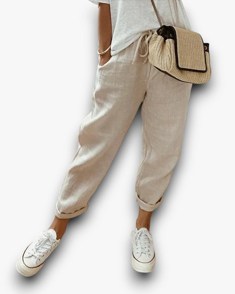 Pantalon décontracté femme raccourci, doux et confortable. Parfait pour printemps et été, style polyvalent.