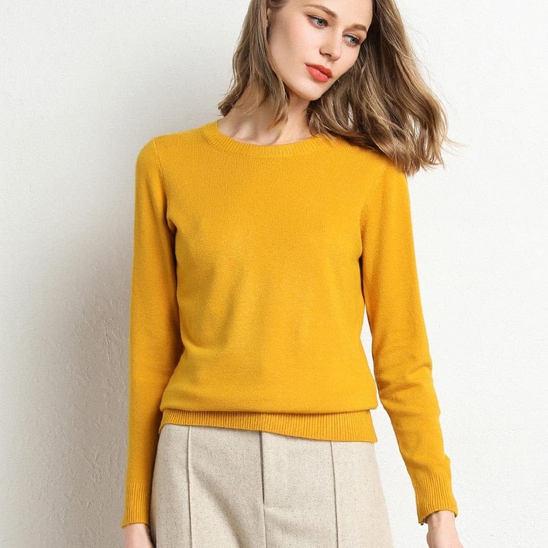 Pull femme élégant à col rond, tricot doux et chaud, parfait pour les journées froides d'automne-hiver.