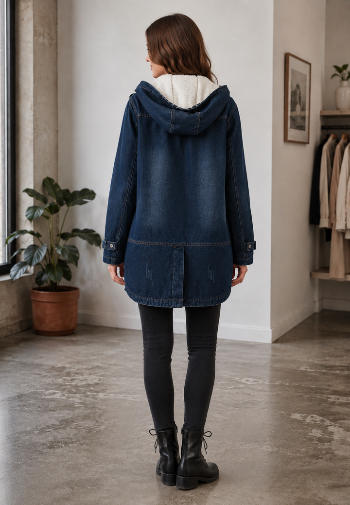 Parka décontractée femme avec capuche, poches et boutons. Confortable et protectrice pour l'hiver.