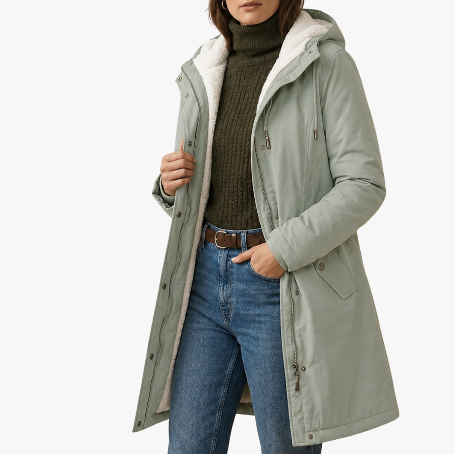 Parka d'hiver femme, doublée polaire chaude, longueur mi-cuisse, couleur noire, pour grand froid.