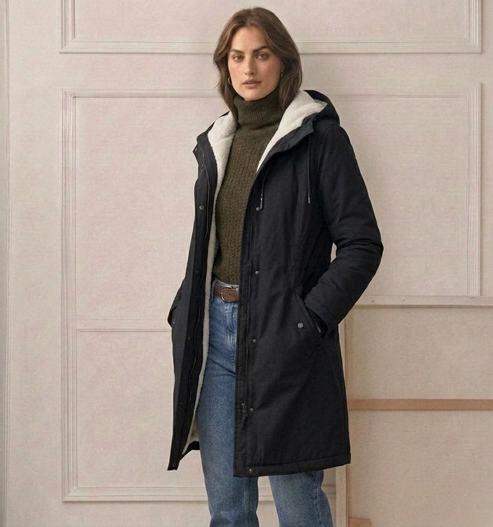 Parka chaude femme hiver, avec capuche amovible et doublure polaire confortable.