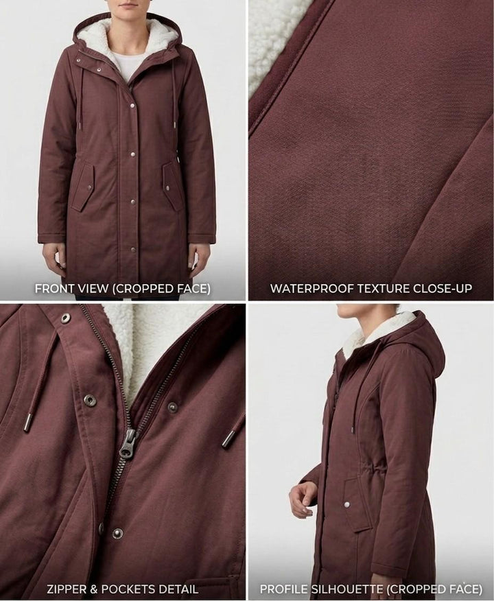 Parka femme stylée, idéale pour le froid, doublée polaire, longueur mi-cuisse, couleur bleu marine.