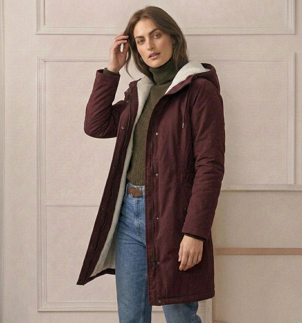 Manteau d'hiver femme, parka mi-cuisse, coupe-vent et déperlante, doublure polaire moelleuse.