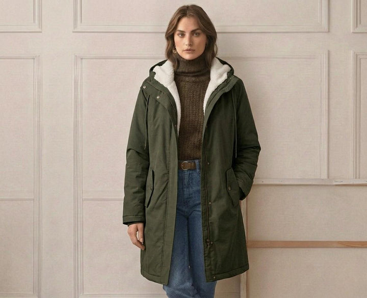 Parka polaire femme, résistante aux intempéries, longueur mi-cuisse, pour un style hivernal mode.