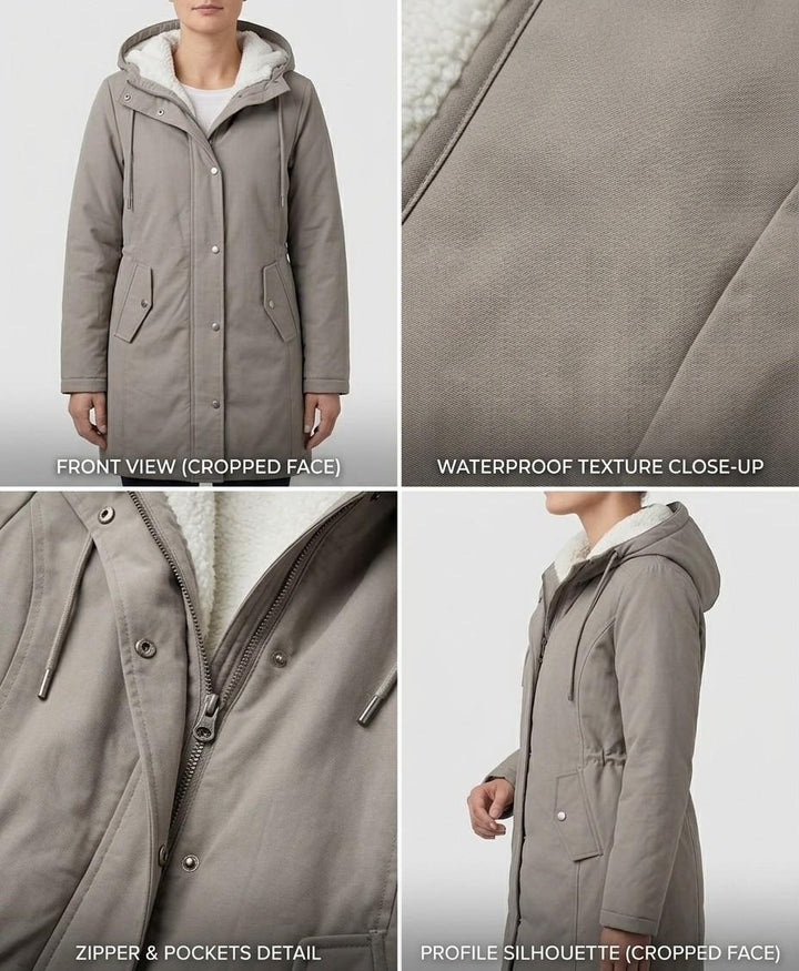 Manteau parka femme mi-cuisse, avec cordon de serrage à la taille pour une silhouette ajustée.