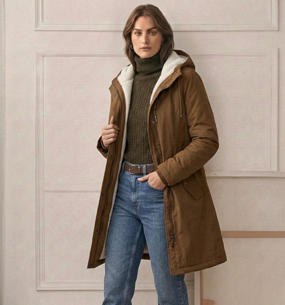 Parka hiver femme doublée polaire, mi-cuisse, avec zip intégral et rabat tempête pour protection.