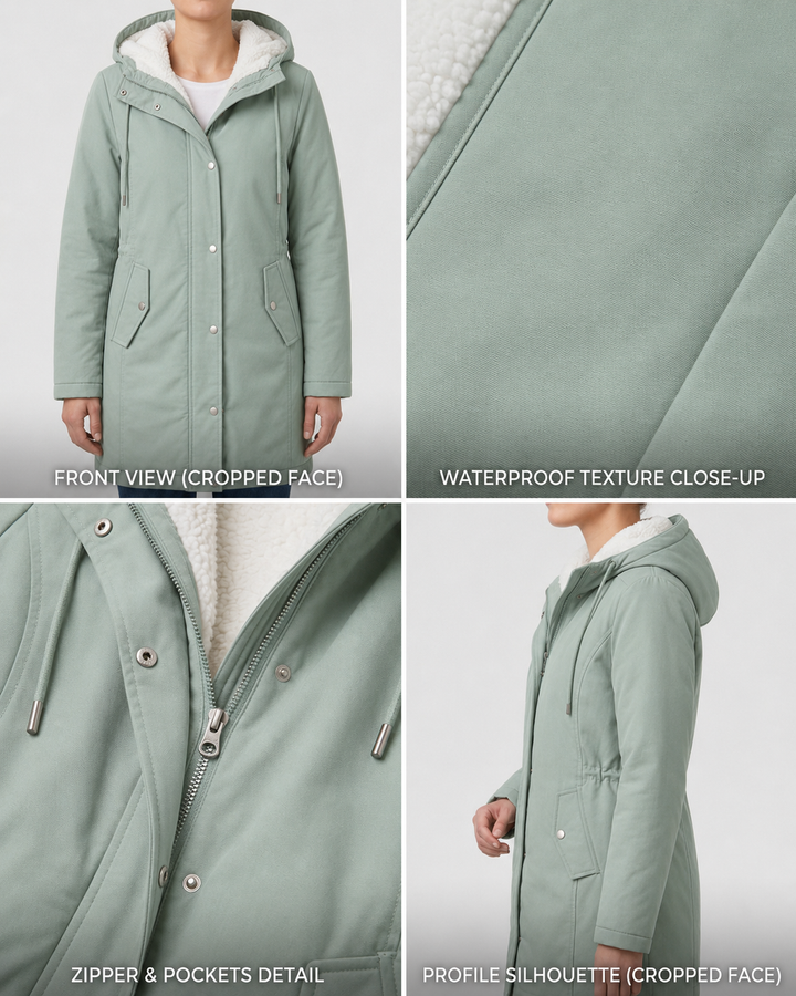 Parka d'hiver femme, polaire intérieure douce, longueur mi-cuisse, avec col montant protecteur.