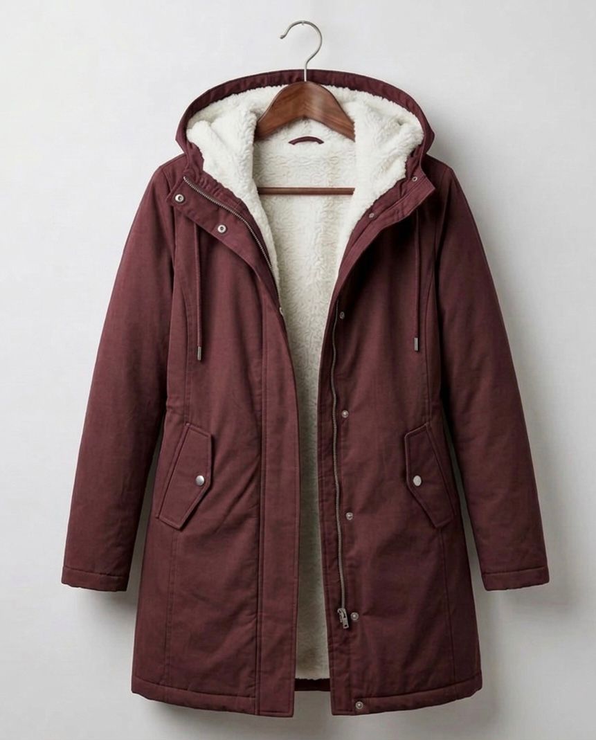 Veste d'hiver femme chaude, style parka élégant, coupe mi-cuisse, avec capuche douillette.