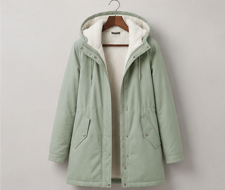 Parka femme élégante pour l'hiver, couleur kaki, doublure polaire, longueur mi-cuisse.