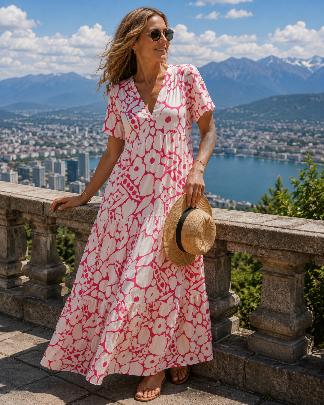 Robe longue bohème femme à imprimé floral vibrant et col V, idéale pour l'été ou le printemps, style fluide et chic.