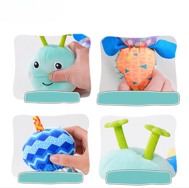 Peluche chenille douce pour nouveau-né, éveil sensoriel tactile et auditif, jouet musical sûr et réconfortant.