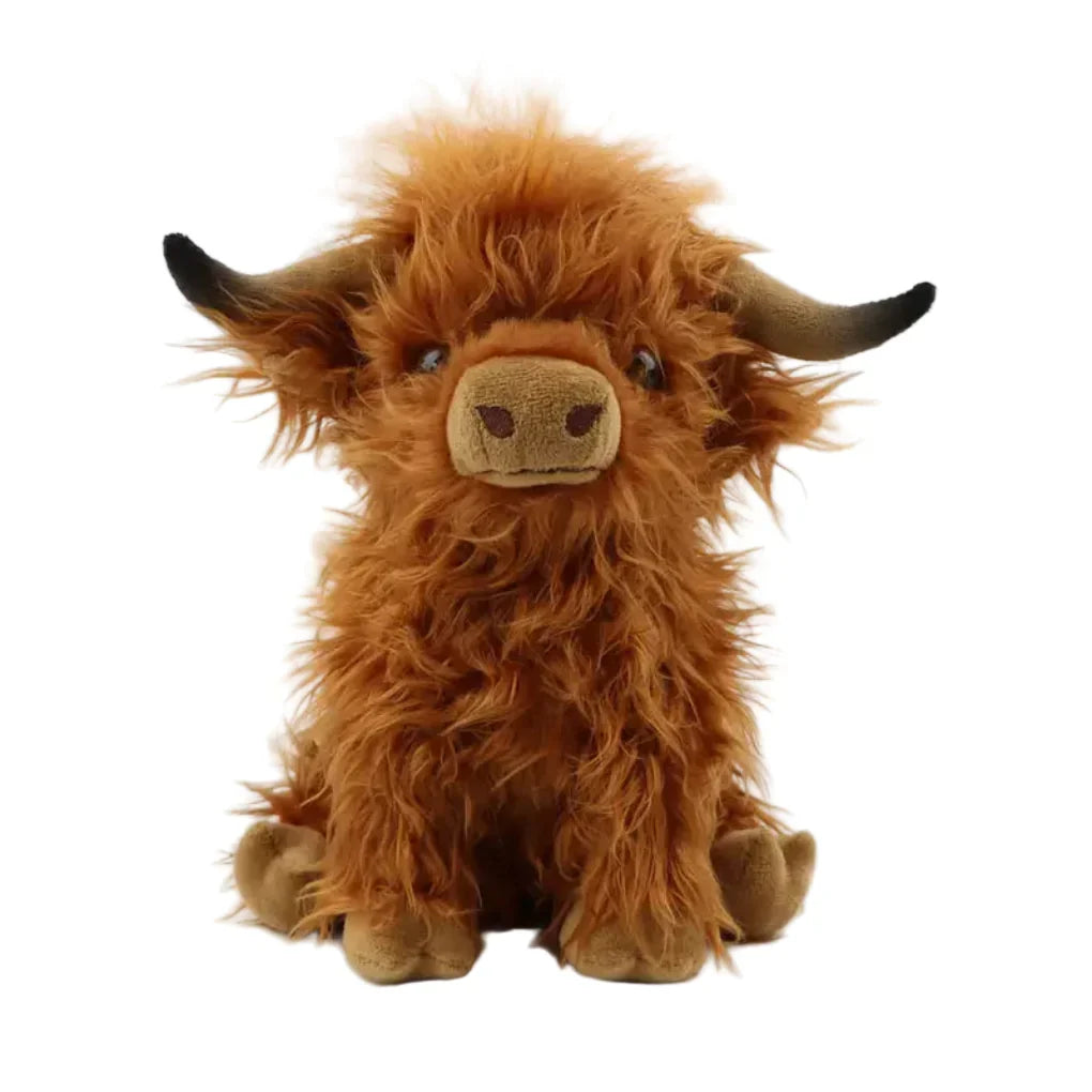 Peluche vache des Highlands douce et câline, fourrure longue marron. Jouet enfant ou décoration écossaise.