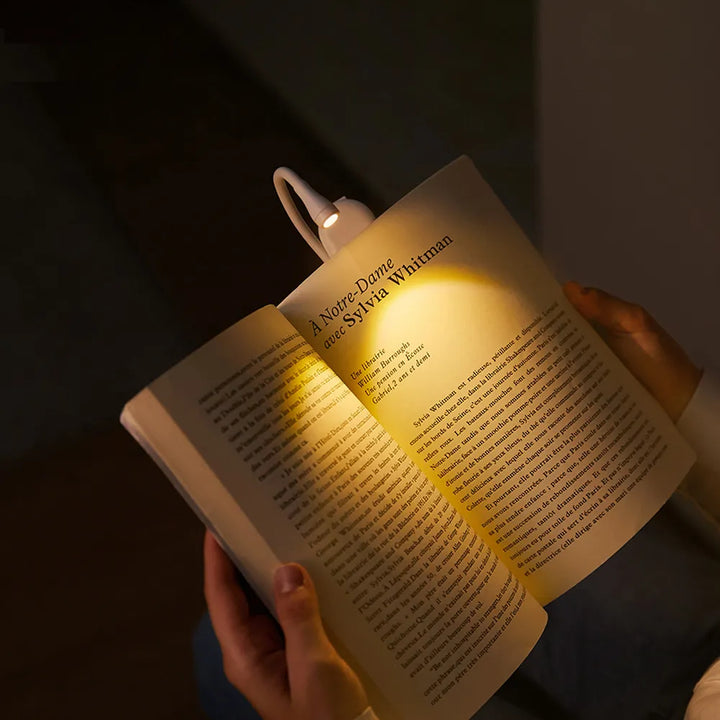 Lampe de lecture LED portable avec clip 360°, rechargeable USB, lumière dimmable pour protection oculaire.