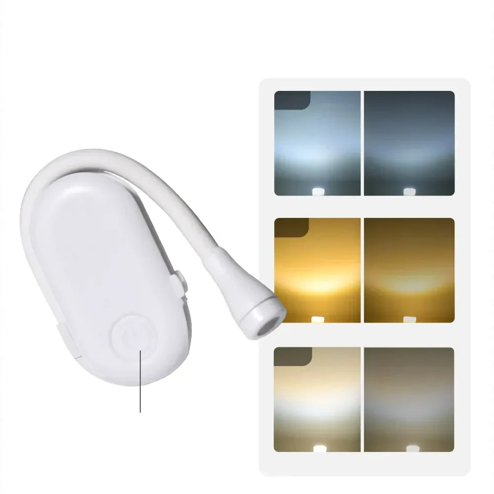 Lampe de lecture LED portable USB avec clip 360° et protection oculaire pour étudiants et voyageurs.