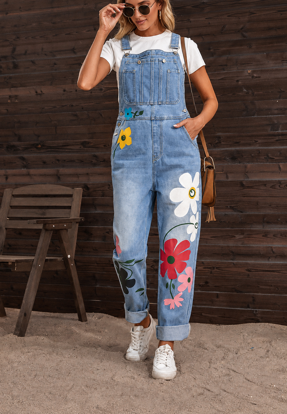 Combinaison pantalon femme fleurie, en jean confortable, parfaite pour une tenue estivale décontractée et chic.