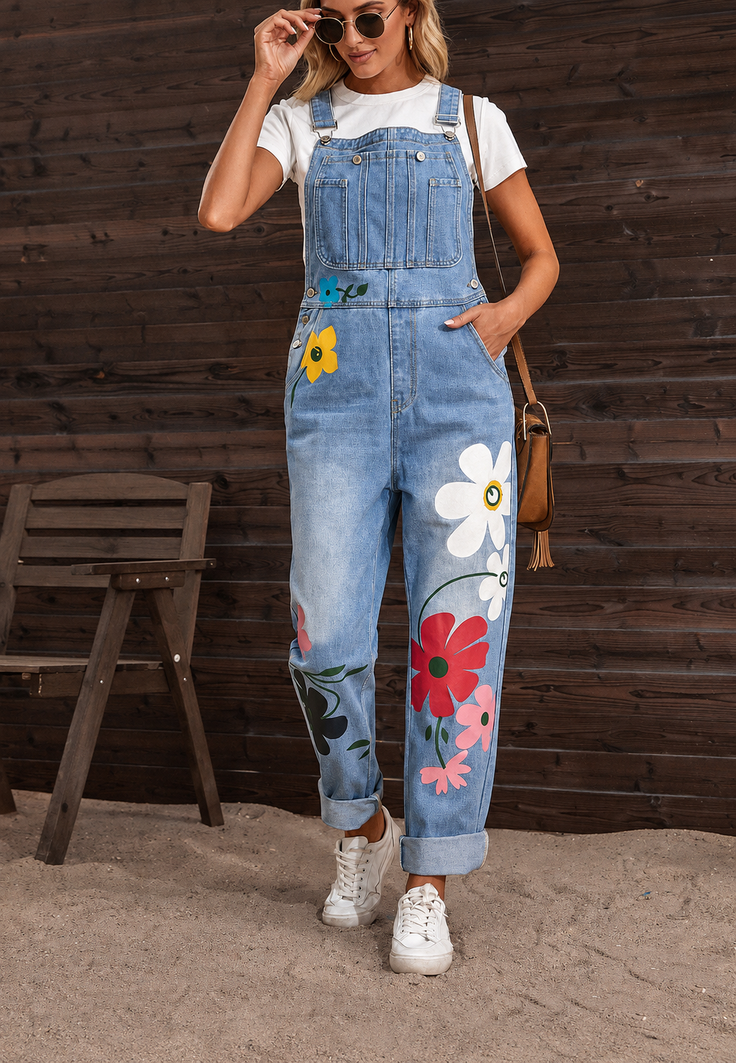 Combinaison pantalon femme fleurie, en jean confortable, parfaite pour une tenue estivale décontractée et chic.