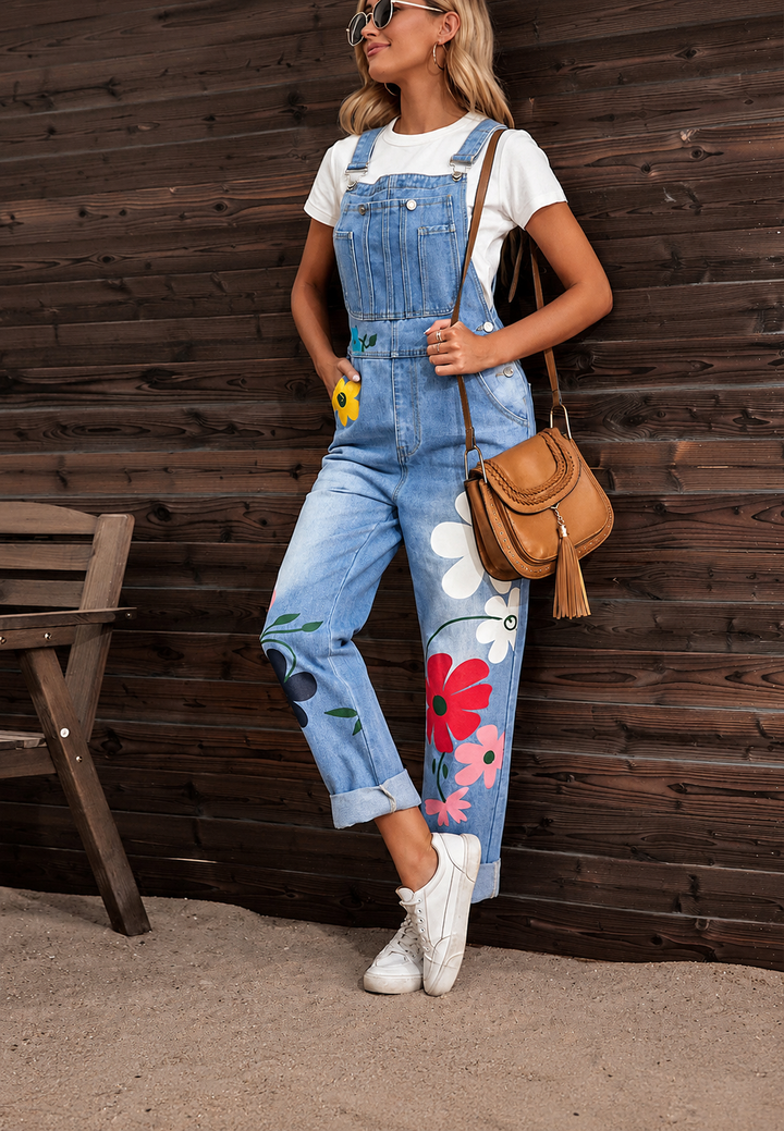 Détail de l'imprimé floral sur la salopette en jean femme, montrant le tissu confortable et le style unique.
