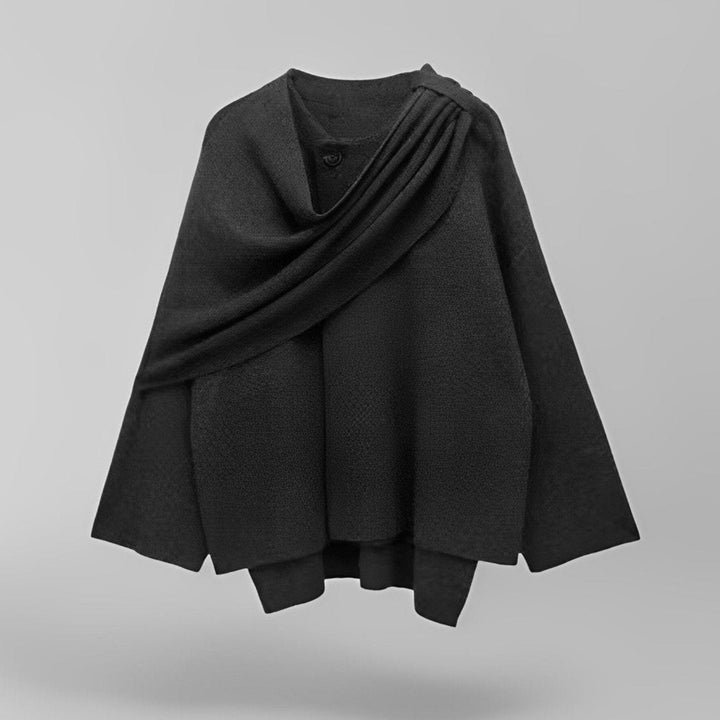Cape pull femme asymétrique, vêtement hivernal chaud et confortable, idéal pour une mode élégante et tendance.