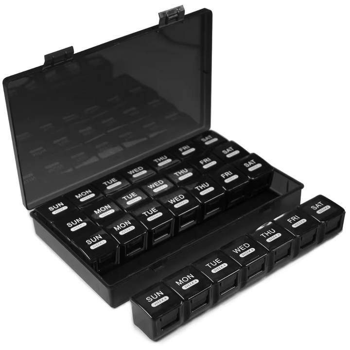 Pilulier semainier modulaire 4 semaines pour une organisation facile des médicaments quotidiens.