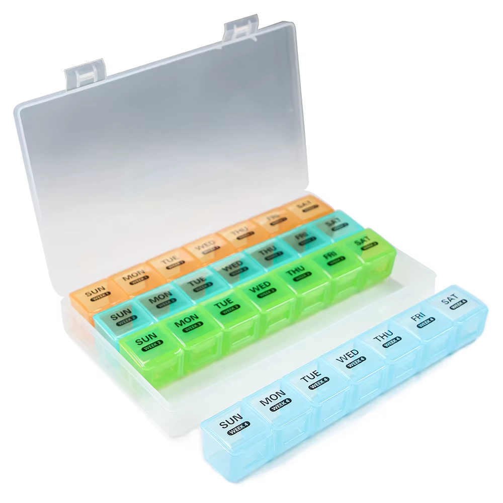 Boîte à pilules modulaire 4 semaines pour gestion simplifiée des médicaments, organisation santé optimale.