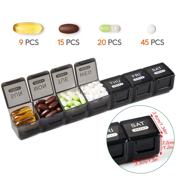 Pilulier semainier modulable sur 4 semaines, organise vos médicaments quotidiens pour meilleure santé.