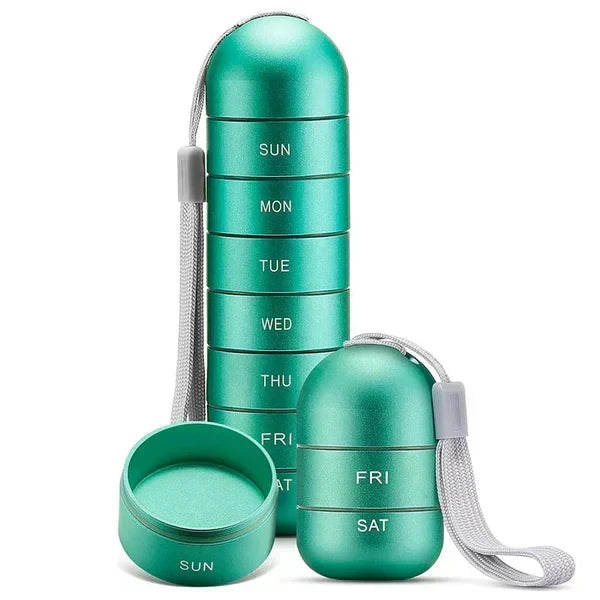 Pilulier aluminium étanche 7 jours, compartiments séparés pour organisation médicaments.