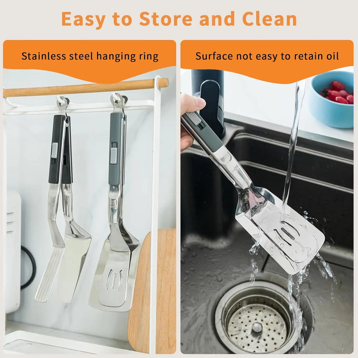 Pince spatule de cuisine 2 en 1, en acier inoxydable. Votre outil parfait pour toutes les grillades.