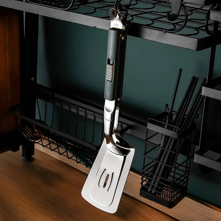 Ustensile de barbecue 2 en 1 en inox: pince et spatule. Parfait pour grillades, cuisson en extérieur.