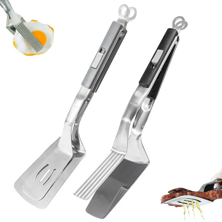 Outil de cuisson 2 en 1: pince et spatule en inox pour barbecue, camping et grillades extérieures.