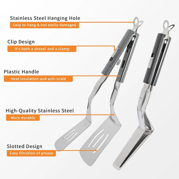 Ustensile polyvalent: pince spatule 2 en 1 en inox. Parfait pour la cuisson au barbecue et grillades.