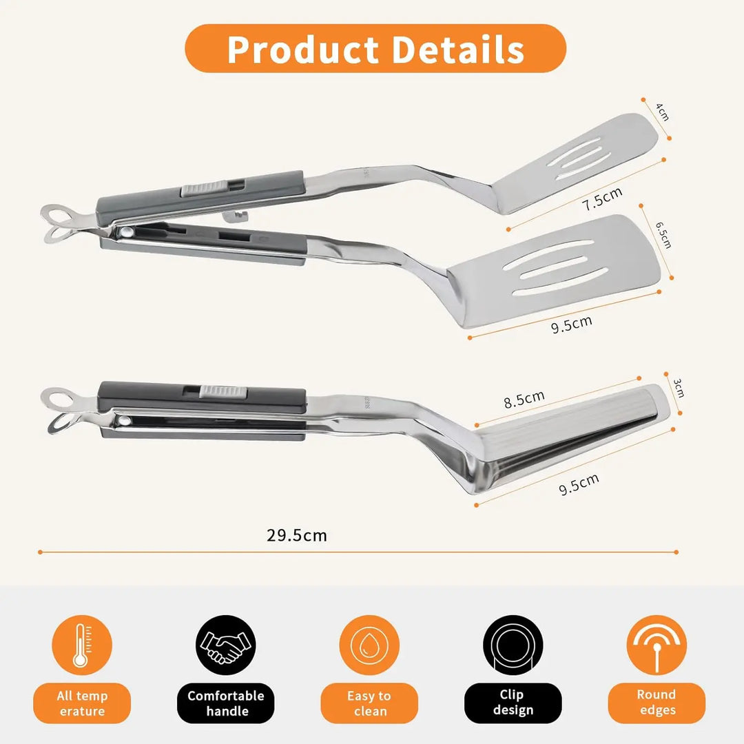 Accessoire indispensable: pince spatule barbecue 2 en 1 en inox pour saisir, retourner, servir.