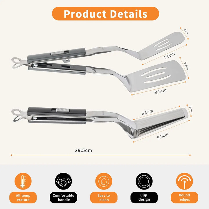 Accessoire indispensable: pince spatule barbecue 2 en 1 en inox pour saisir, retourner, servir.
