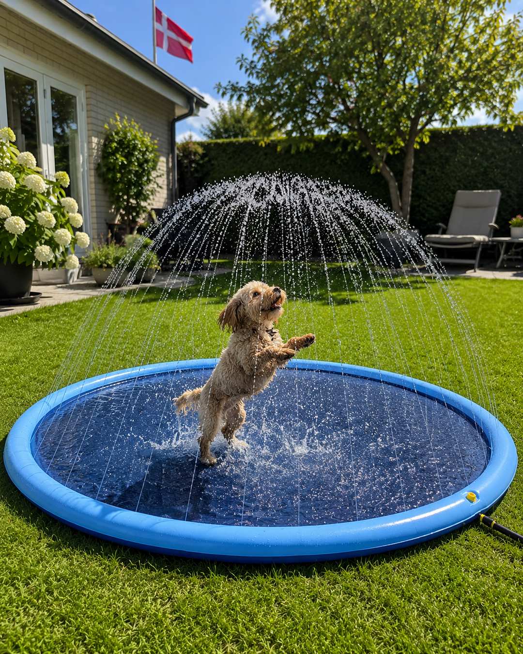 Piscine pour chien avec jets d'eau intégrés, parfaite pour le rafraîchissement estival et le jeu en extérieur.