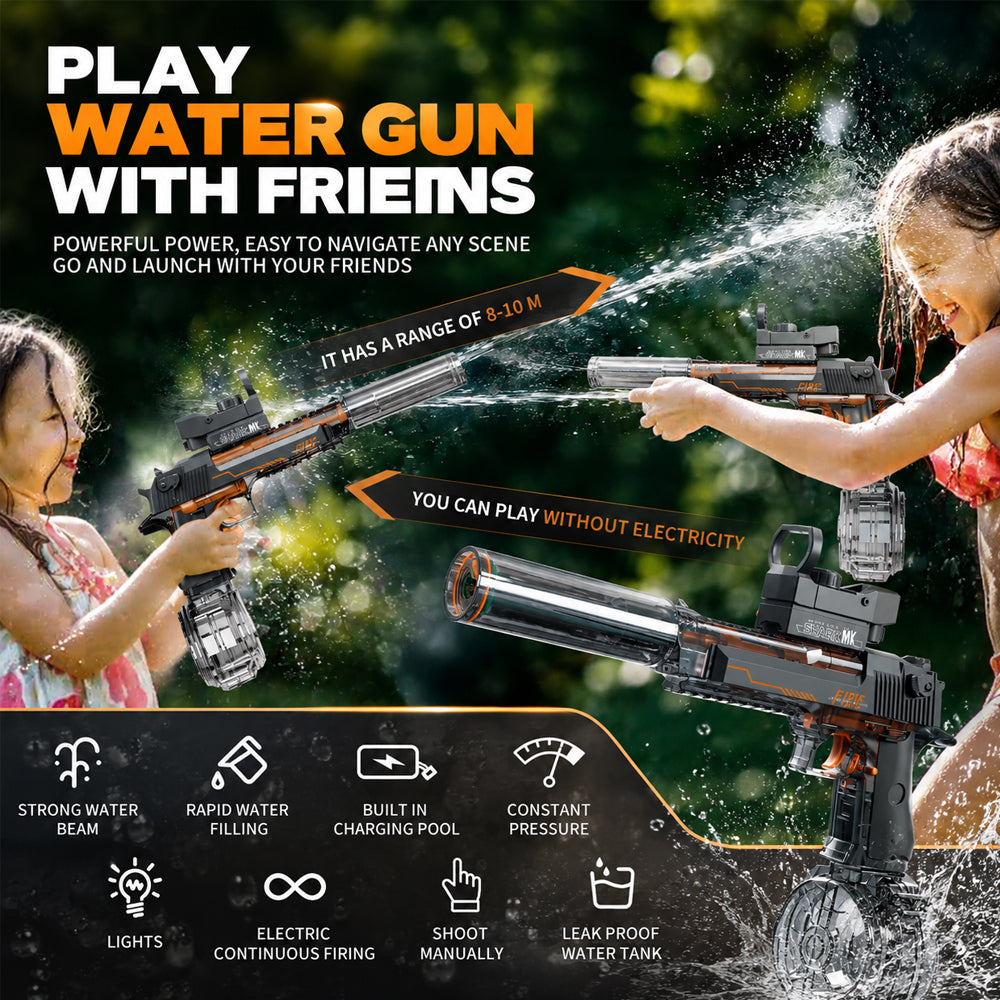 Puissant pistolet à eau électrique lumineux. Jouet d'extérieur rechargeable pour des batailles d'eau excitantes et amusantes.