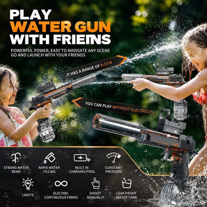 Puissant pistolet à eau électrique lumineux. Jouet d'extérieur rechargeable pour des batailles d'eau excitantes et amusantes.