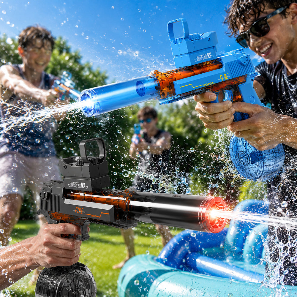 Jouet pistolet à eau électrique avec lumières LED, garantit amusement pour enfants. Rechargeable et résistant.