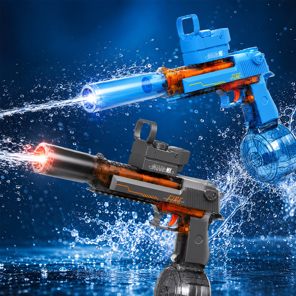 Pistolet à eau électrique robuste en plastique résistant, avec LED. Idéal pour jeux d'extérieur et batailles d'eau intenses.