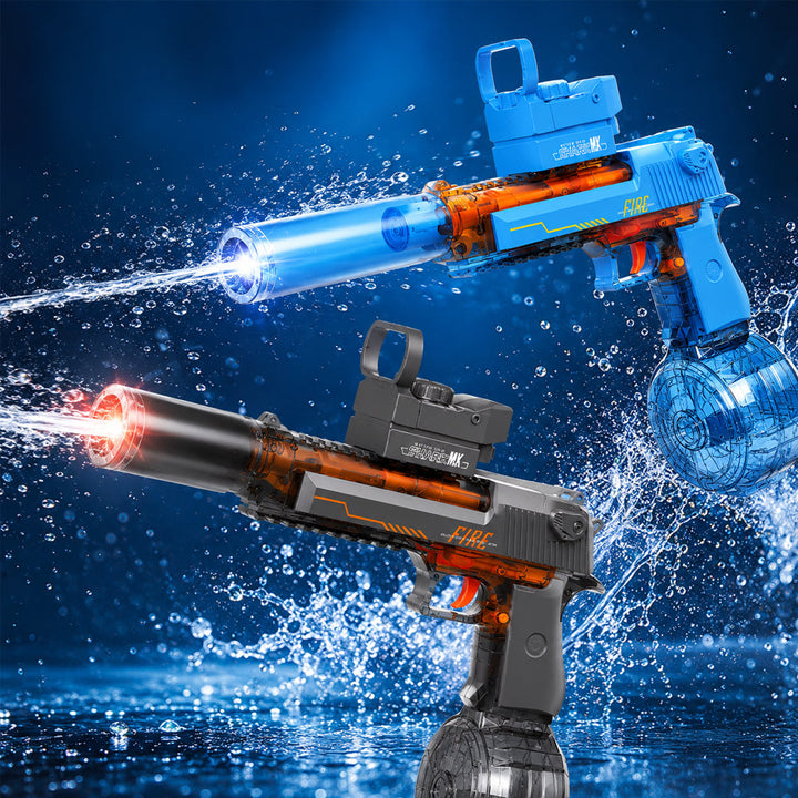 Pistolet à eau électrique robuste en plastique résistant, avec LED. Idéal pour jeux d'extérieur et batailles d'eau intenses.