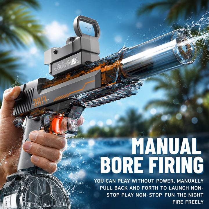 Pistolet à eau électrique LED brillant, parfait pour animer les jeux d'eau en plein air. Jouet estival pour enfants.