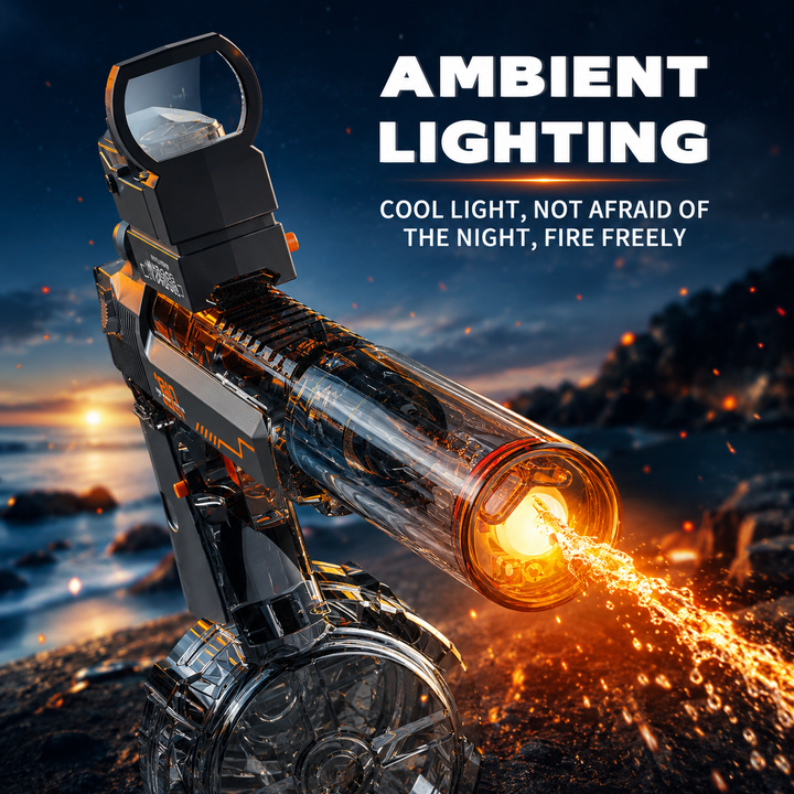 Amusant pistolet à eau électrique avec lumières LED. Le jouet d'été technologique parfait pour les enfants dans le jardin.