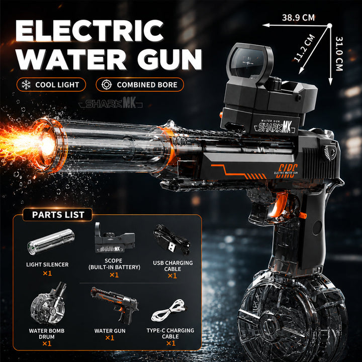 Pistolet à eau électrique pour enfants, design moderne avec LED. Idéal pour jeux de plein air, piscine ou plage.