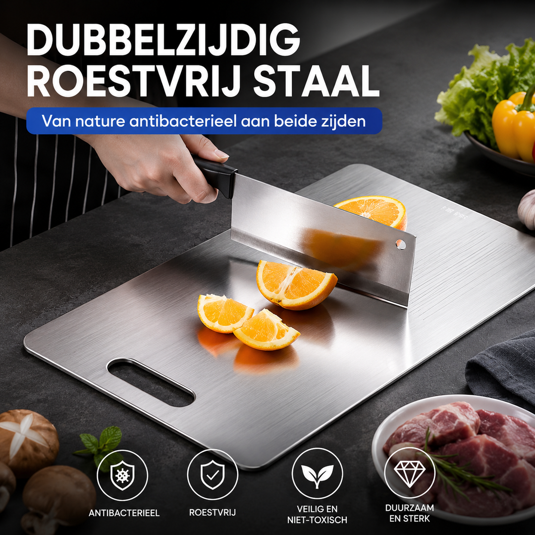 Planche à découper cuisine en acier inoxydable élégante, idéale pour une découpe précise et hygiénique.