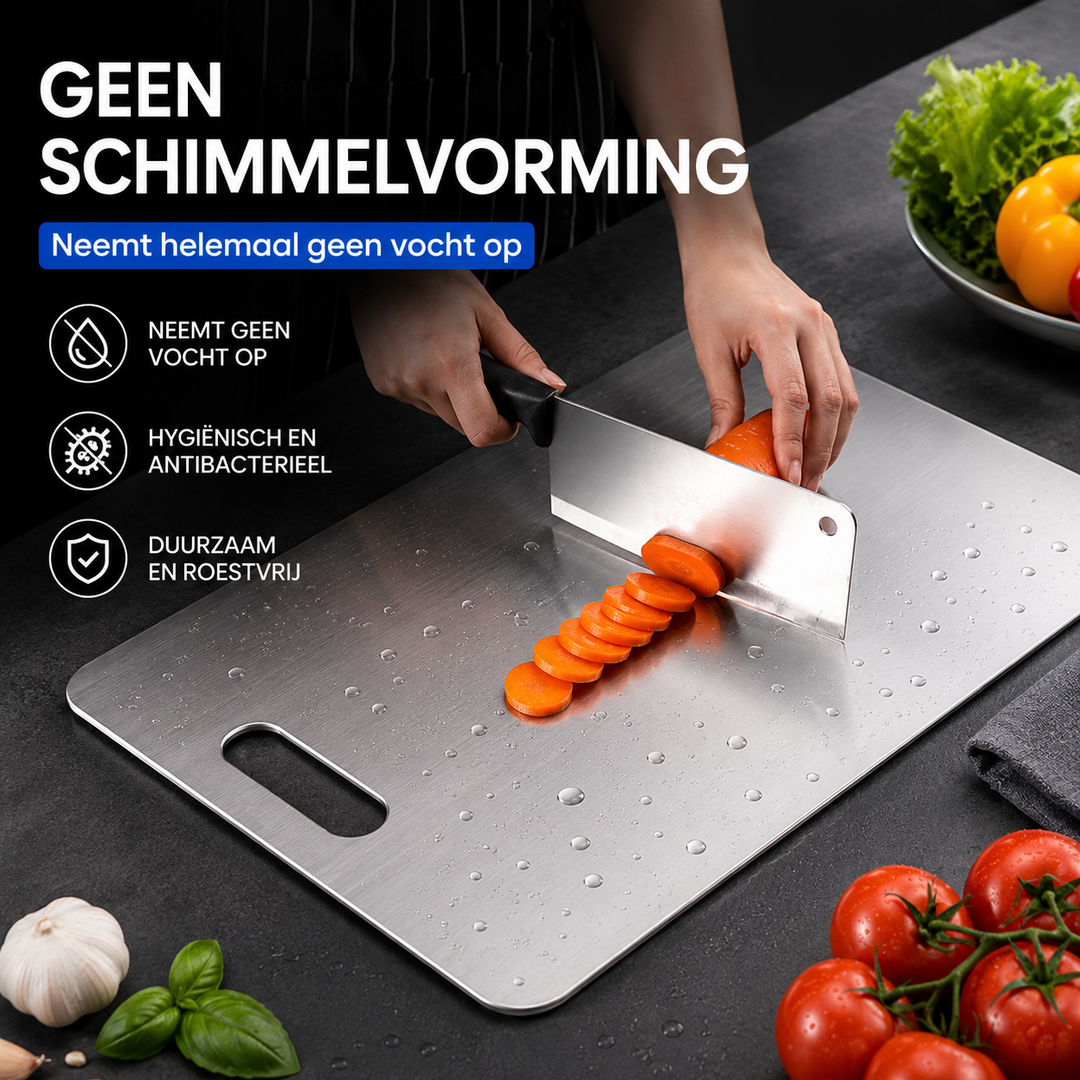 Robuste planche à découper en inox, parfaite pour une hygiène maximale en cuisine et longue durabilité.
