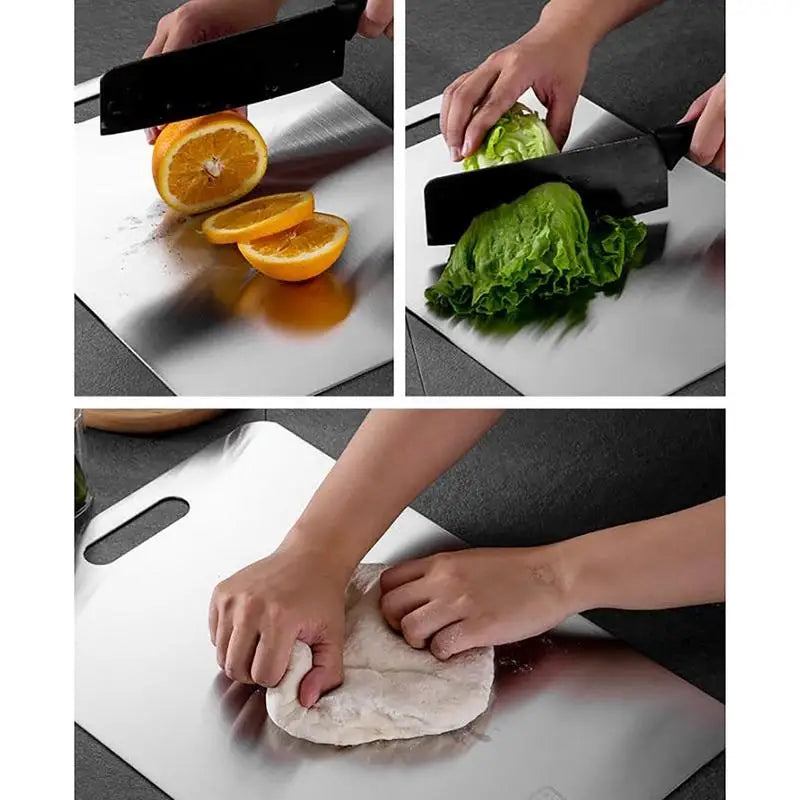 Planche à découper en métal robuste, offrant hygiène et durabilité pour toute cuisine.