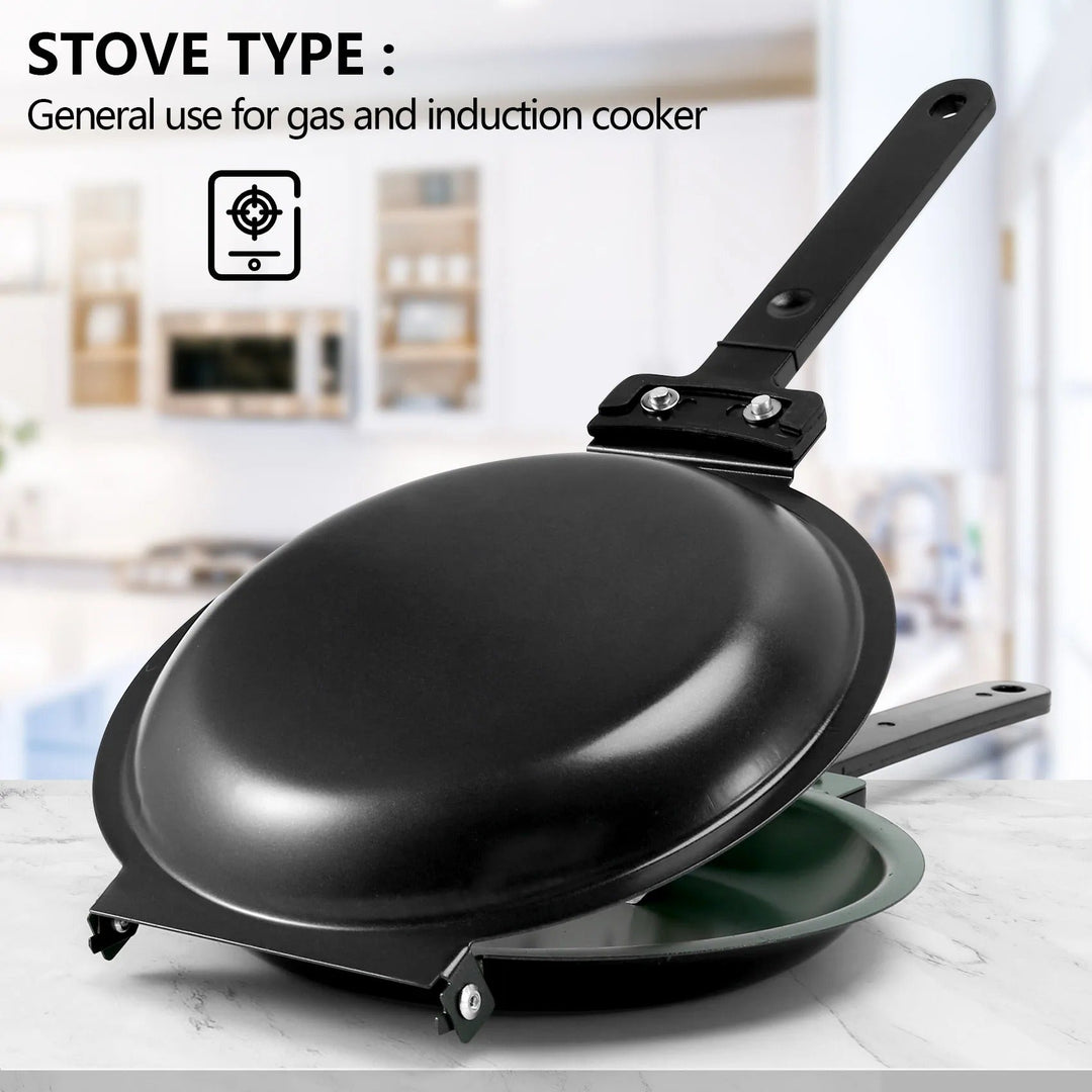Poêle double face antiadhésive pour pancakes et crêpes, garantissant une cuisson rapide et un petit déjeuner réussi.