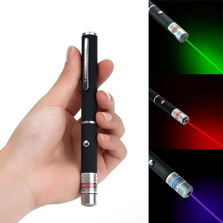 Pointeur laser de haute précision, portable et robuste, offrant des faisceaux lumineux rouge, vert et bleu violet.