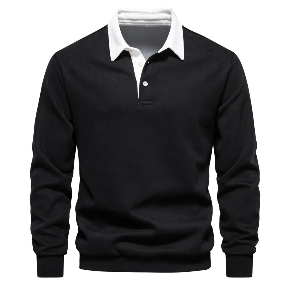 Polo rugby homme manches longues, coton doux, style sportif élégant décontracté. Idéal mode masculine automne/hiver.